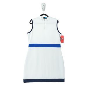 PGA Tour Women XL Golf Dress Brilliant White Blue Sleeveless Tank Zip NEW FLAW